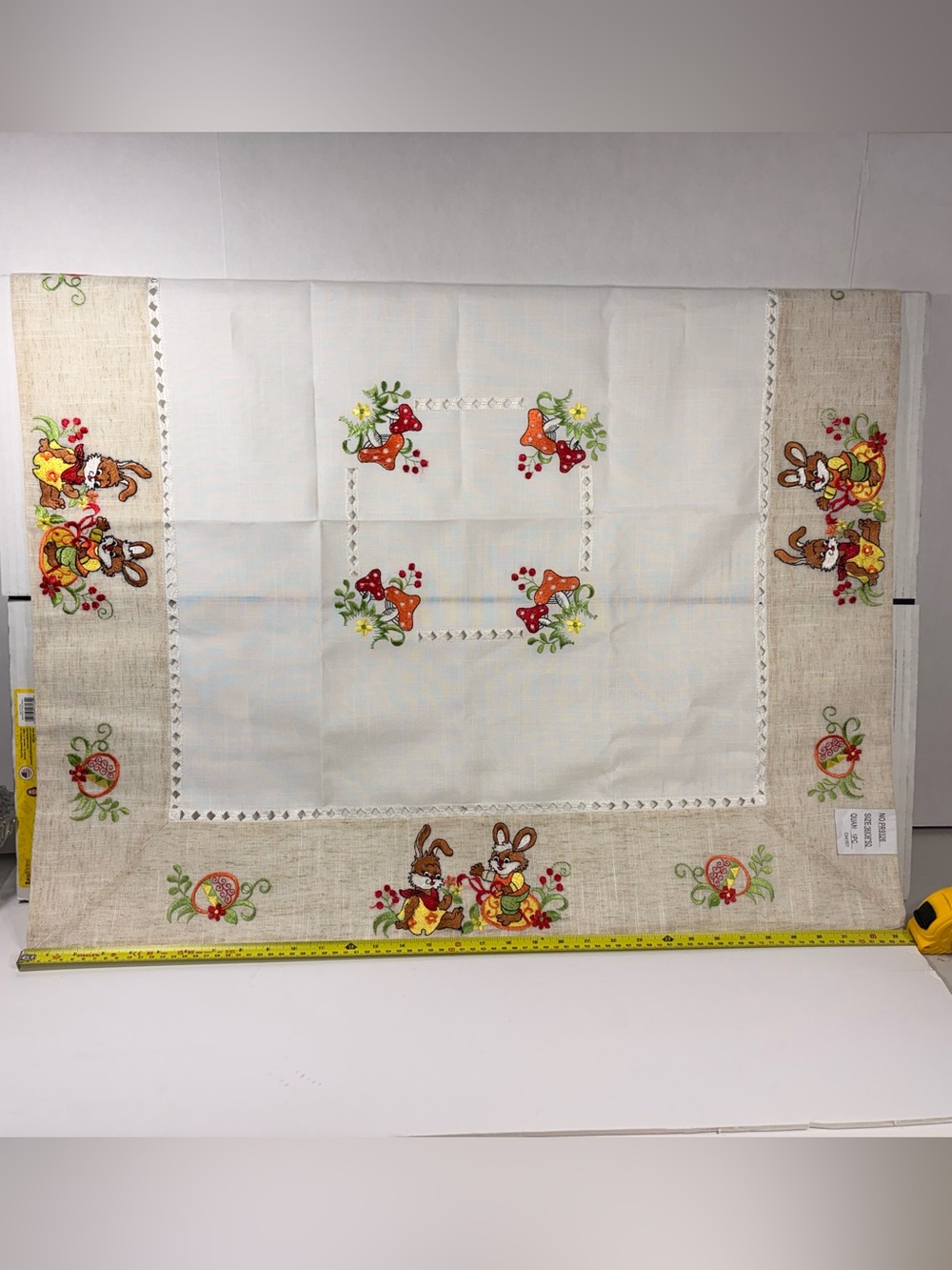 Embroidered Easter Bunny Table Topper 36x36 Mushroom Spring Decor